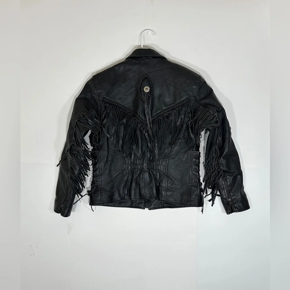 Fringed Black Leather Motorcycle Jacket Vintage Biker Women Medium 1990s Western - Picture 9 of 15